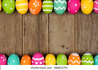 Colorful Easter egg double border against a rustic wood background