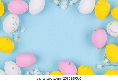 Colorful Easter Egg side border over a pastel blue paper background. Copy space.