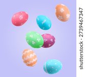 Colorful Easter eggs falling on blue violet background