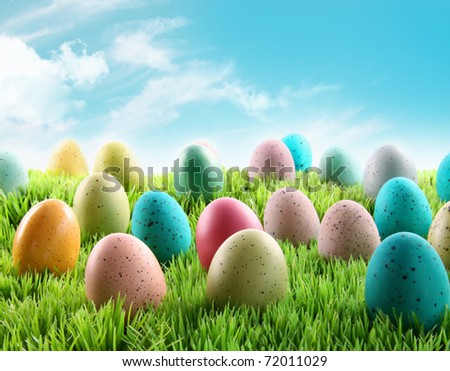 Colorful Easter eggs in a field of grass with blue sky