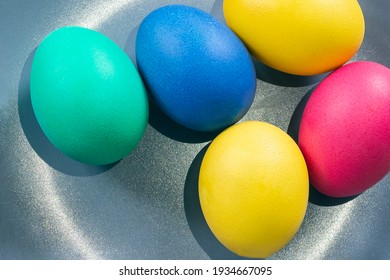 Colorful Easter Eggs Lie In A Plate. Easter Holiday 2021 Concept. Place For The Text, Suitable For A Postcard.