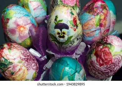 Colorful Easter eggs made using decoupage technique