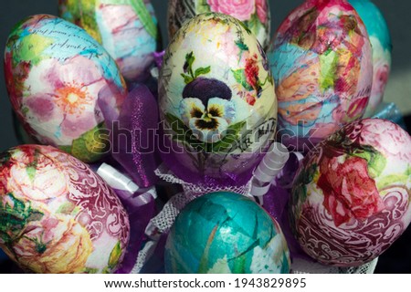 Colorful Easter eggs made using decoupage technique