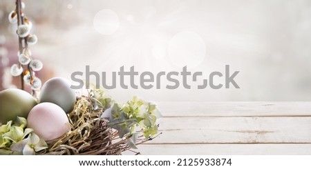 Colorful easter eggs and pussy willow in spring against bright nature background on white wooden table. Close-up with short depth of field and bokeh for easter concepts and space for text.