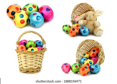 colorful easter eggs and some in a wicker basket and an easter bunny  on a white background