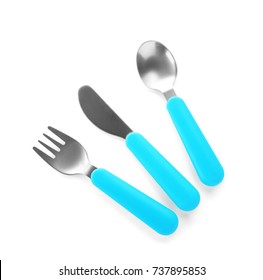 Colorful Eating Utensils For Baby On White Background