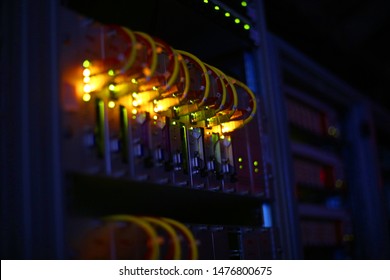 Colorful Electric Cables In Data Center. Installing Electrical Cables Into Broadcasting Equipment And Power Supply Boxes. Hardware For TV Broadcasting. Sattellite Business. Mining, Hosting, Mainframe.