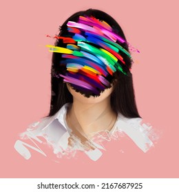 Colorful emotions. Young beautiful girl's portrait over pink background. Poster graphics. Combination of photo and illustration. Ideas, inspiration, fashion and vanguard style. Concept of art, ad