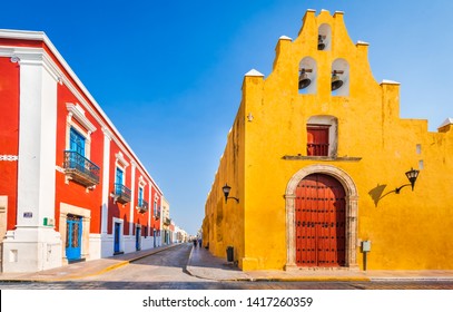 Colorful empty colonial street in the historic center of Campeche, Yucatan, Mexico