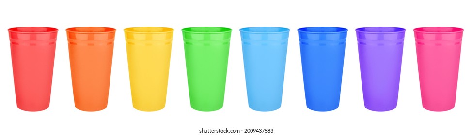 Colorful Empty Plastic Cups Set Isolated White Closeup, Color Blank Drinking Glasses, Beverage, Cocktail, Water, Tea, Juice, Coffee Mug, Disposable Takeaway Utensil, Container Mockup, Tumbler Template