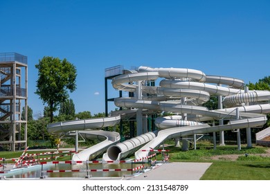 Colorful Empty Water Park. Closed. Amusement Aquapark. Water Playground.