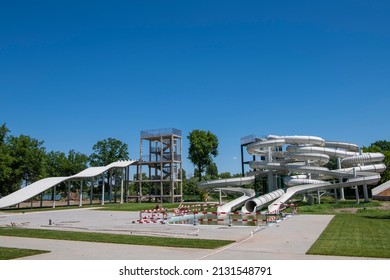 Colorful Empty Water Park. Closed. Amusement Aquapark. Water Playground.