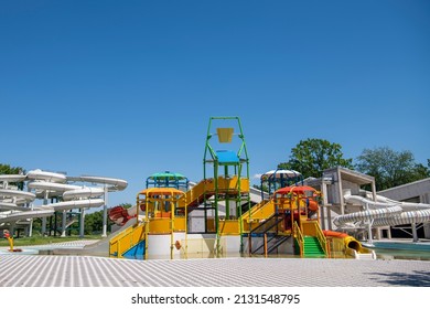 Colorful Empty Water Park. Closed. Amusement Aquapark. Water Playground.