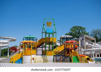 Colorful Empty Water Park. Closed. Amusement Aquapark. Water Playground.