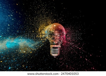 colorful exploding lightbulb powder splash  dark background 