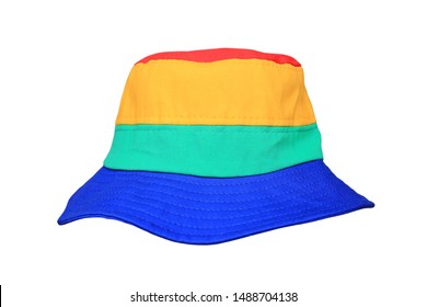 Colorful Fabric Bucket Hat Isolated On White Background. Sun Protection Beach Hat.