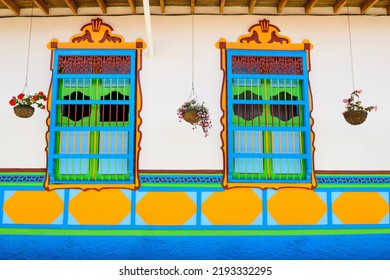 Colorful Facade Of Guatape Colonial Town, Colombia