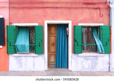 Colorful Facade On Retro House Entrance With Open Door And Windows