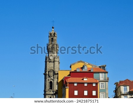 Colorful facades and bell tower in Porto, Portugal