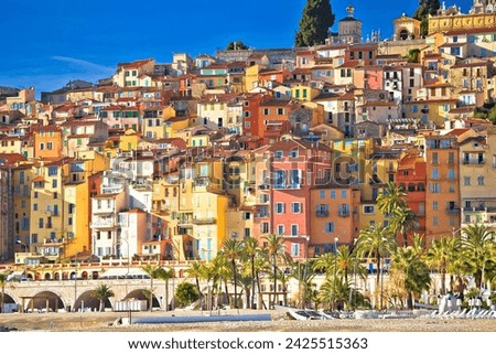 Colorful facades of Cote d Azur town of Menton beach and architecture view

