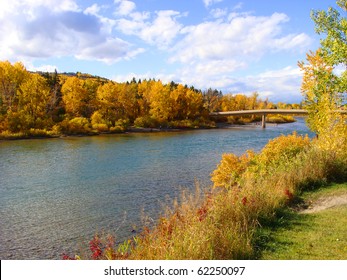 Colorful Fall Foliage Along The Bow River, Calgary, Canada