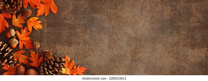 Colorful fall leaves, nuts and pine cones. Corner border over a rustic dark banner background. Overhead view with copy space.