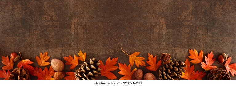 Colorful fall leaves, nuts and pine cones. Bottom border over a rustic dark banner background. Top view with copy space. - Shutterstock ID 2200916083