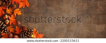 Colorful fall leaves, nuts and pine cones. Corner border over a rustic dark banner background. Overhead view with copy space. Foto stock © 