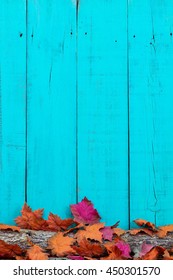 Colorful Fall Leaves On Log With Blank Rustic Teal Blue Wood Background