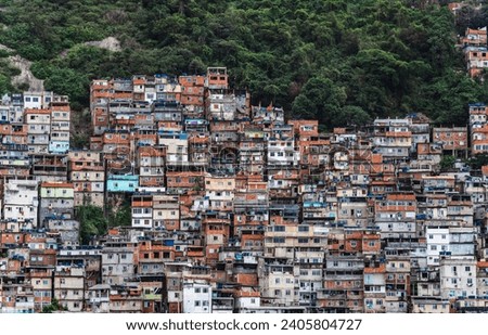 Colorful favela homes scatter on a steep Rio hillside, forming a perplexing maze.