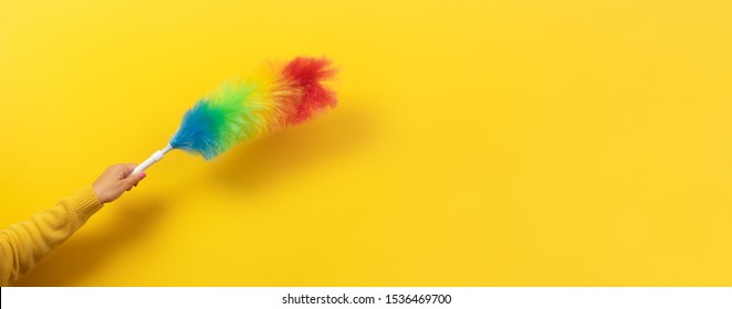 Colorful Feather Duster In Hand On Yellow Background. Cleaning Concept. Panoramic Image.