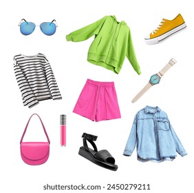 Colorful female clothes isolated on white.Women's clothing set, bright flying apparel collection. Collage of gir's fashion wear. - Powered by Shutterstock