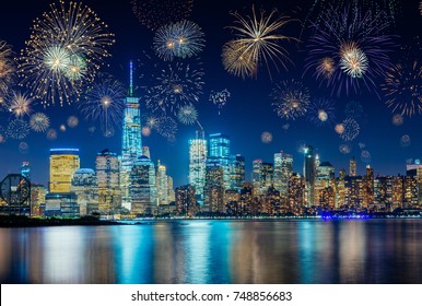 Colorful Fireworks Above New York City Cityscape Celebrating New Years Eve