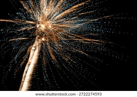 Colorful fireworks exploding in the night sky, creating a bright and festive atmosphere. Beautiful light patterns celebrating holidays, festivals, New Year, or special events. Vibrant pyrotechnic display against a dark background.