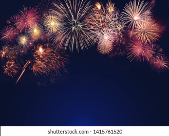 colorful fireworks the black sky background and free space for text  Celebration   anniversary concept
