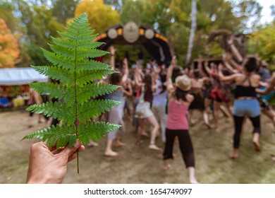 Colorful First Person Perspective With Shallow Depth Of Field, Hand Holding Woodland Flora Against Blurry Backdrop Of People Dancing At Earth Festival