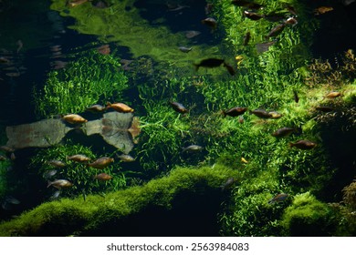 Colorful fish swimming in a lush aquarium at Shanghai Conservatory Garden with vibrant aquatic plants - Powered by Shutterstock