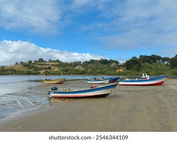 Colorful fishing boats resting on the sandy shore in Chiloé, Chile. The scene includes calm waters, a partly cloudy sky, and a rural landscape with rolling hills and greenery in the background - Powered by Shutterstock