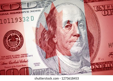 Colorful Flag Of Canada On A American Dollar Money Background