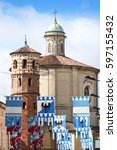 Colorful flags decorated medieval buildings before the Palio horse race