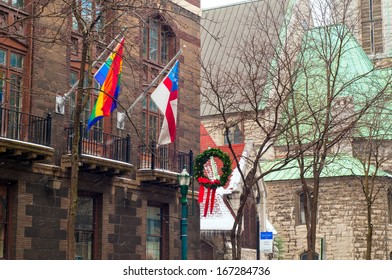 Colorful Flags On An Old Building In Downtown Syracuse NY In Winter