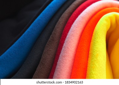Colorful Fleece. Background Texture Of Soft Napped Insulating Fabric Made Of Polyester
