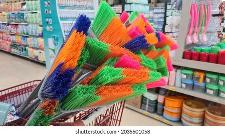 Colorful Floor Brooms On The Trolley. Lotte Mart, North Jakarta, 2021.