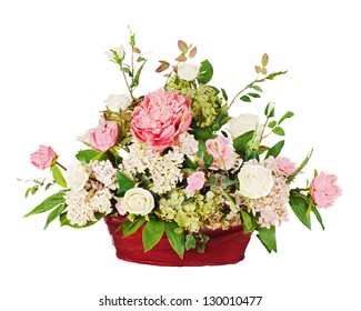 Colorful Floral Bouquet From Roses And Cloves Arrangement Centerpiece In Vase Isolated On White Background