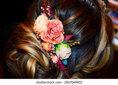 Colorful Floral Hair Piece As A Bridal Accessory On Wedding Day