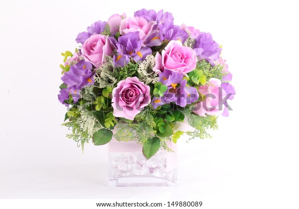 Colorful Flower Arrangement Centerpiece Square Glass Stock Photo