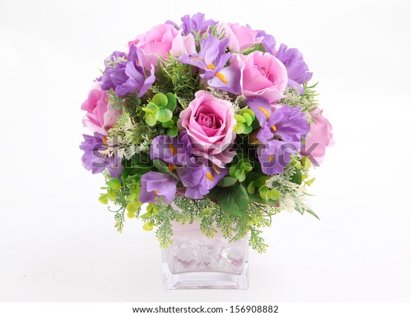 Colorful Flower Arrangement Centerpiece Square Glass Stock Photo