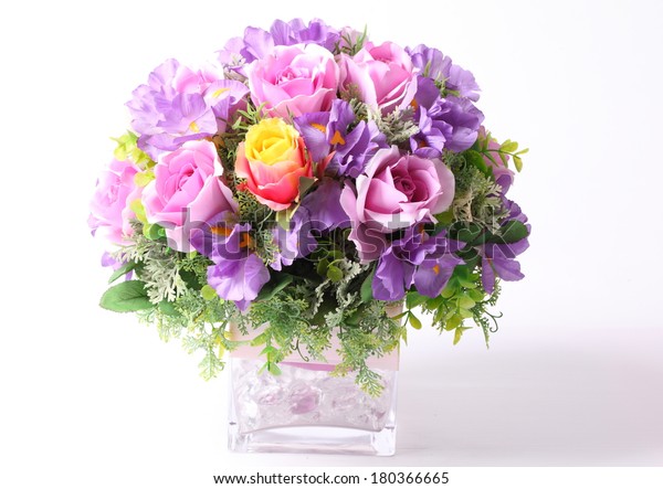 Colorful Flower Arrangement Centerpiece Square Glass Stock Photo