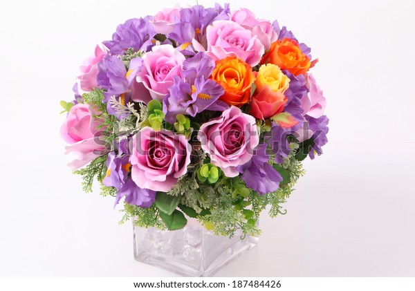 Colorful Flower Arrangement Centerpiece Square Glass Stock Photo