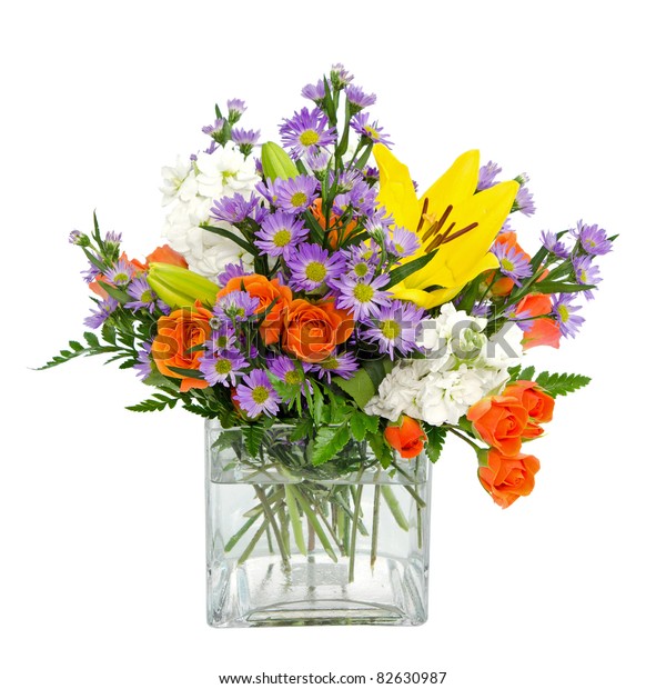 Colorful Flower Arrangement Centerpiece Square Glass Stock Photo